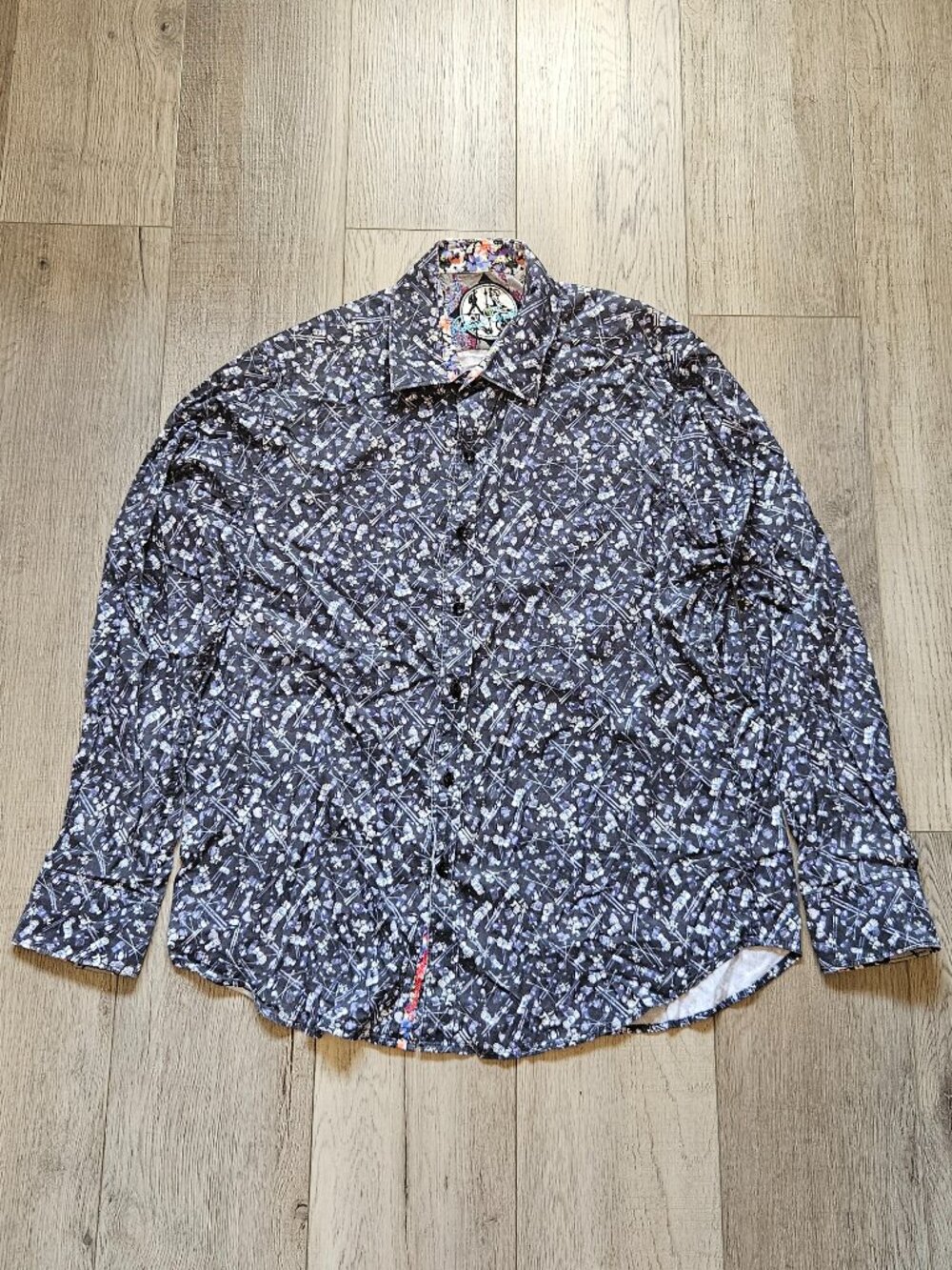 Robert Graham Mens Large Ski Print Long Sleeve Button Down Shirt Floral Cuffs L